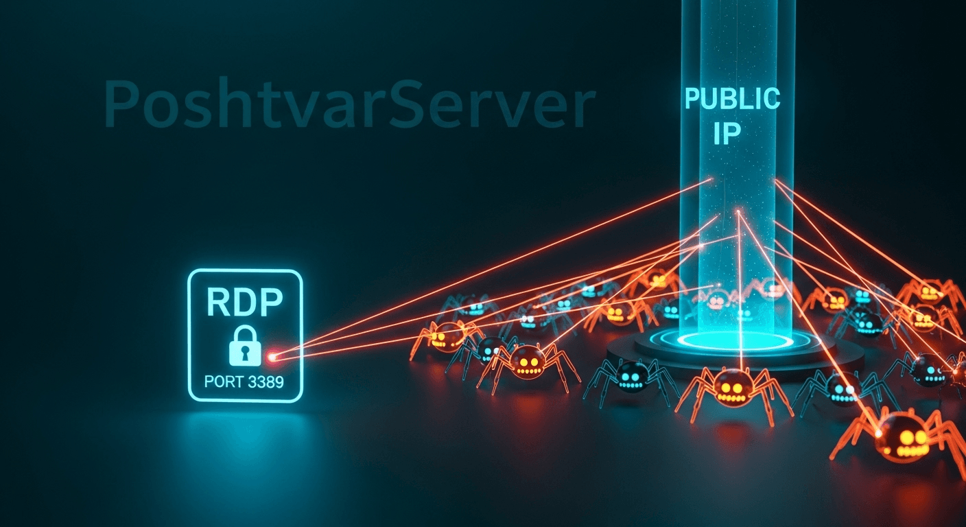 تصویر مفهومی از بات‌نت‌ها که یک پورت RDP باز را هدف قرار داده‌اند، نمادی از تهدیدات Brute Force به RDP.