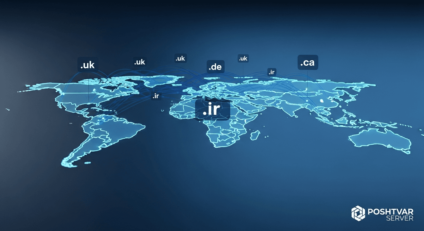 نقشه جهان که نواحی جغرافیایی و پسوندهای دامنه کشوری (ccTLDs) مانند .ir را برای سئوی محلی نشان میدهد.
