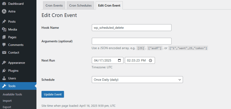 اسکرینشات از صفحه ویرایش و مشاهده جزئیات یک رویداد کران در افزونه WP Crontrol وردپرس.