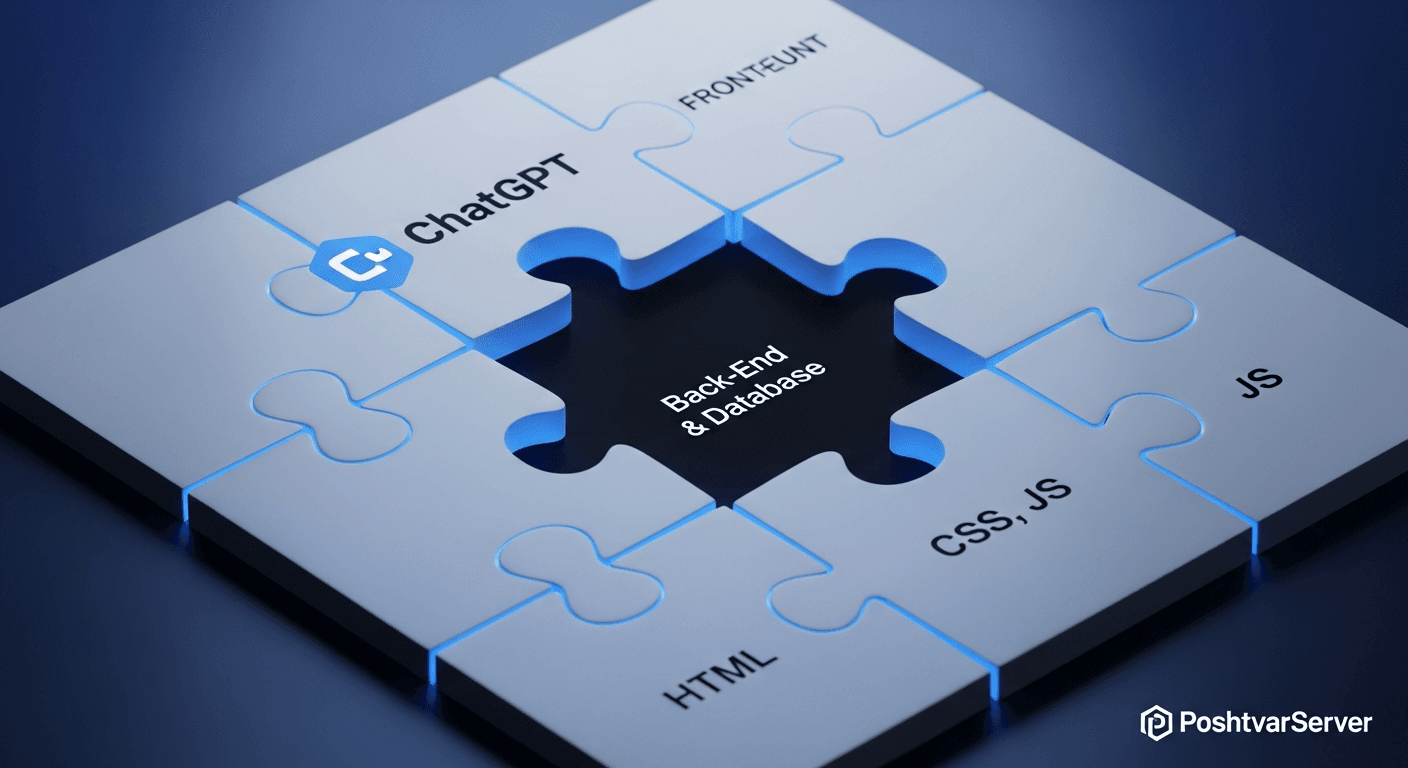 تصویر مفهومی از محدودیت‌های ساخت سایت با ChatGPT که قطعه پازل گمشده بک‌اند را نشان می‌دهد.