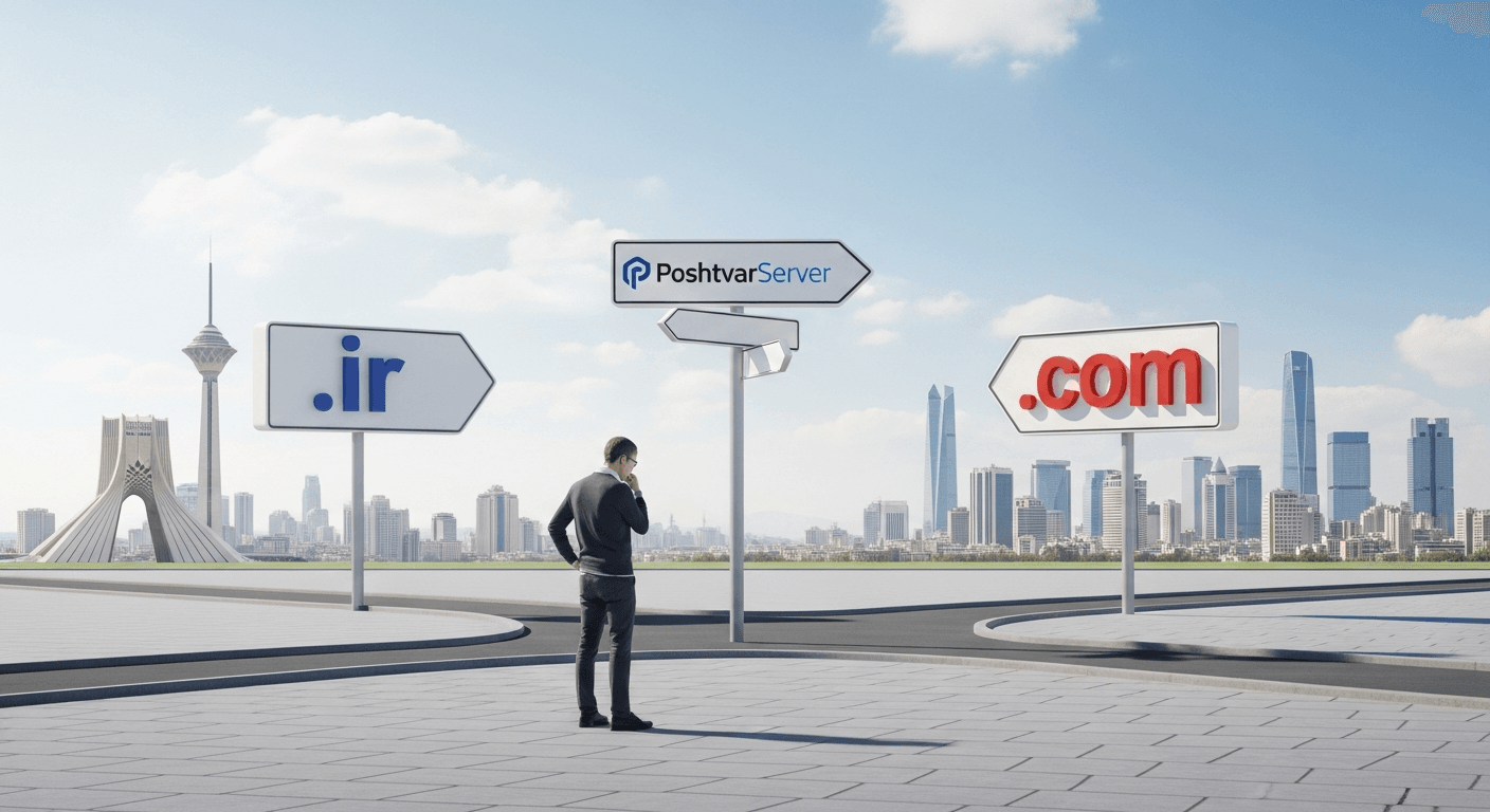 تصویر مفهومی از یک فرد در حال انتخاب بین دامنه ir و com بر اساس اهداف کسب‌وکار.