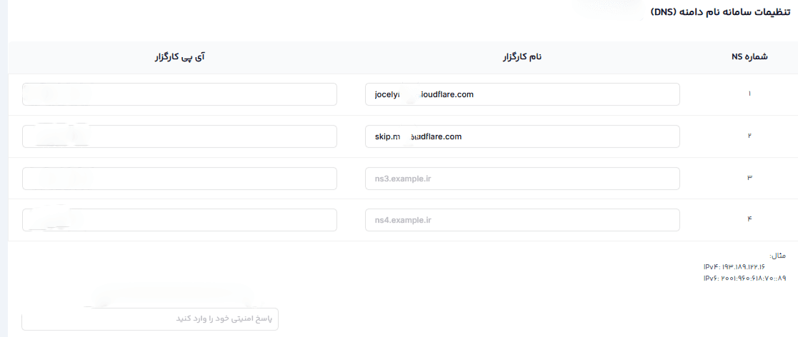 بخش تنظیمات DNS و وارد کردن نیم‌سرورها در پنل ایرنیک برای اتصال دامنه ir. به هاست.