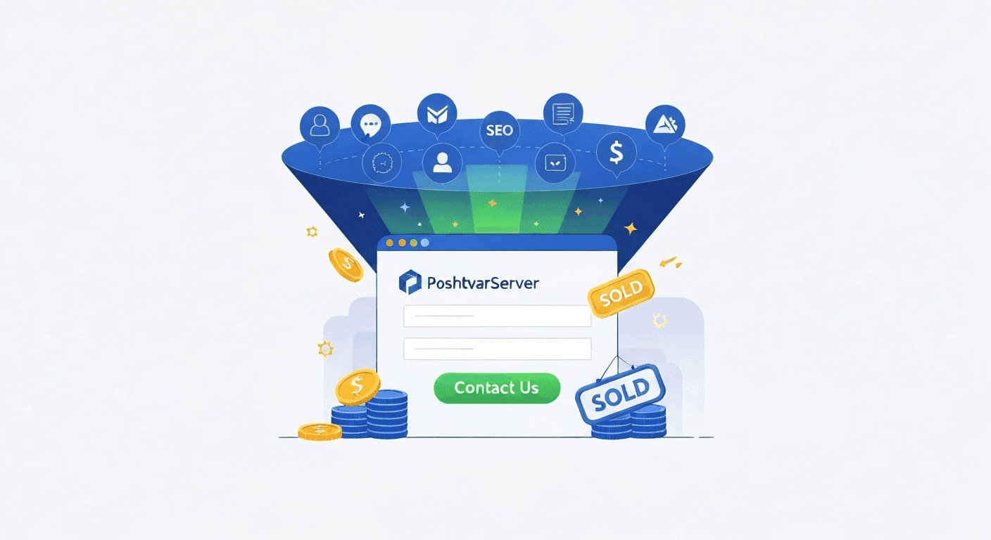 تصویر یک قیف فروش دیجیتال با فرم تماس و نمادهای پول، نمادی از نقش وبسایت در جذب سرنخ و افزایش فروش.